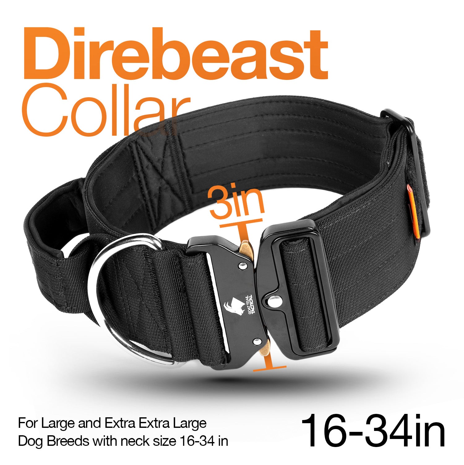 3 inch GTT Direbeast Tactical dog collar | Large- XX-Large Breeds