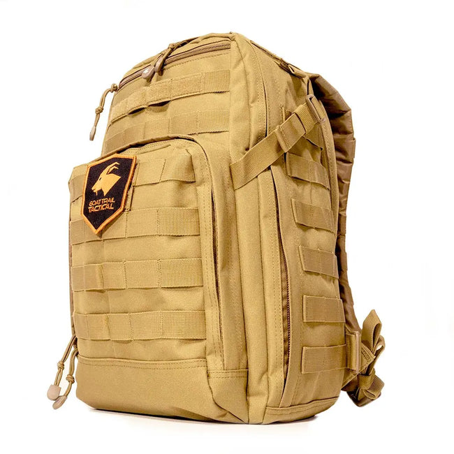 45 Degree frontal photo of the TakinPac | 25L Tactical Backpack in tan/brown