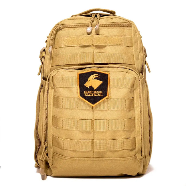 Frontal photo of the TakinPac | 25L Tactical Backpack in tan/brown