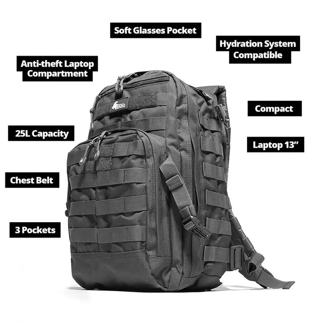 Feature callouts of TakinPac | 25L Tactical Backpack